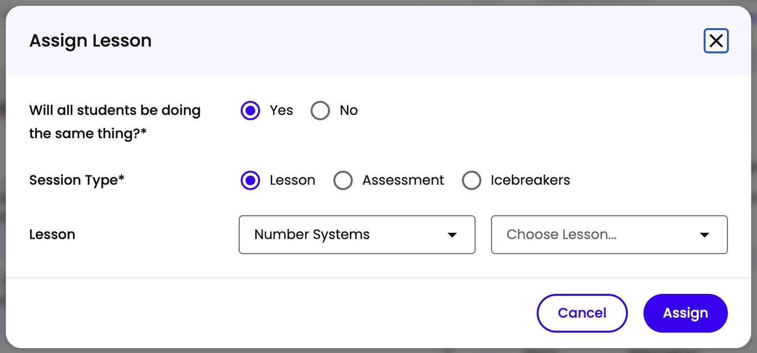 The Assign Lesson form with the all-students question answered Yes, showing a single Session Type and lesson choice for the whole group