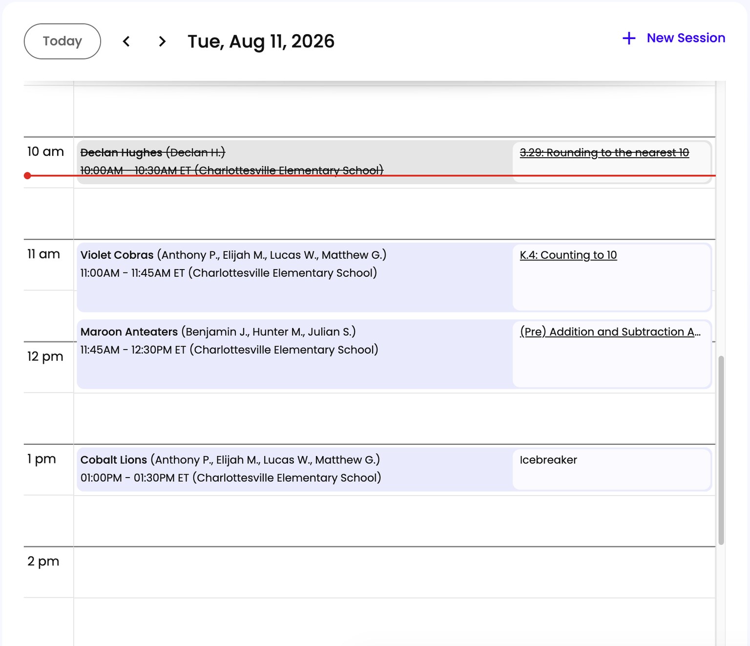 A day on the Dashboard schedule, with each session showing its time, participants, school, and assigned lesson