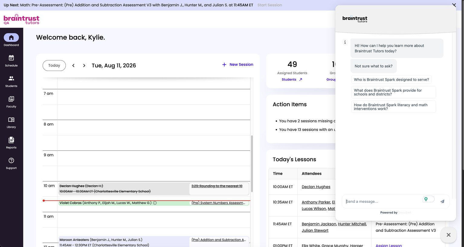 The knowledge bot open over the Dashboard, with suggested questions and a message box