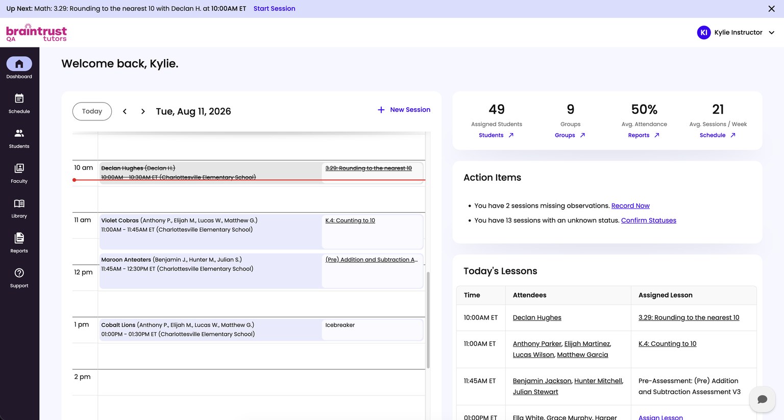 The Instructor Dashboard, with the Up Next banner, the day's schedule on the left, and the summary cards down the right