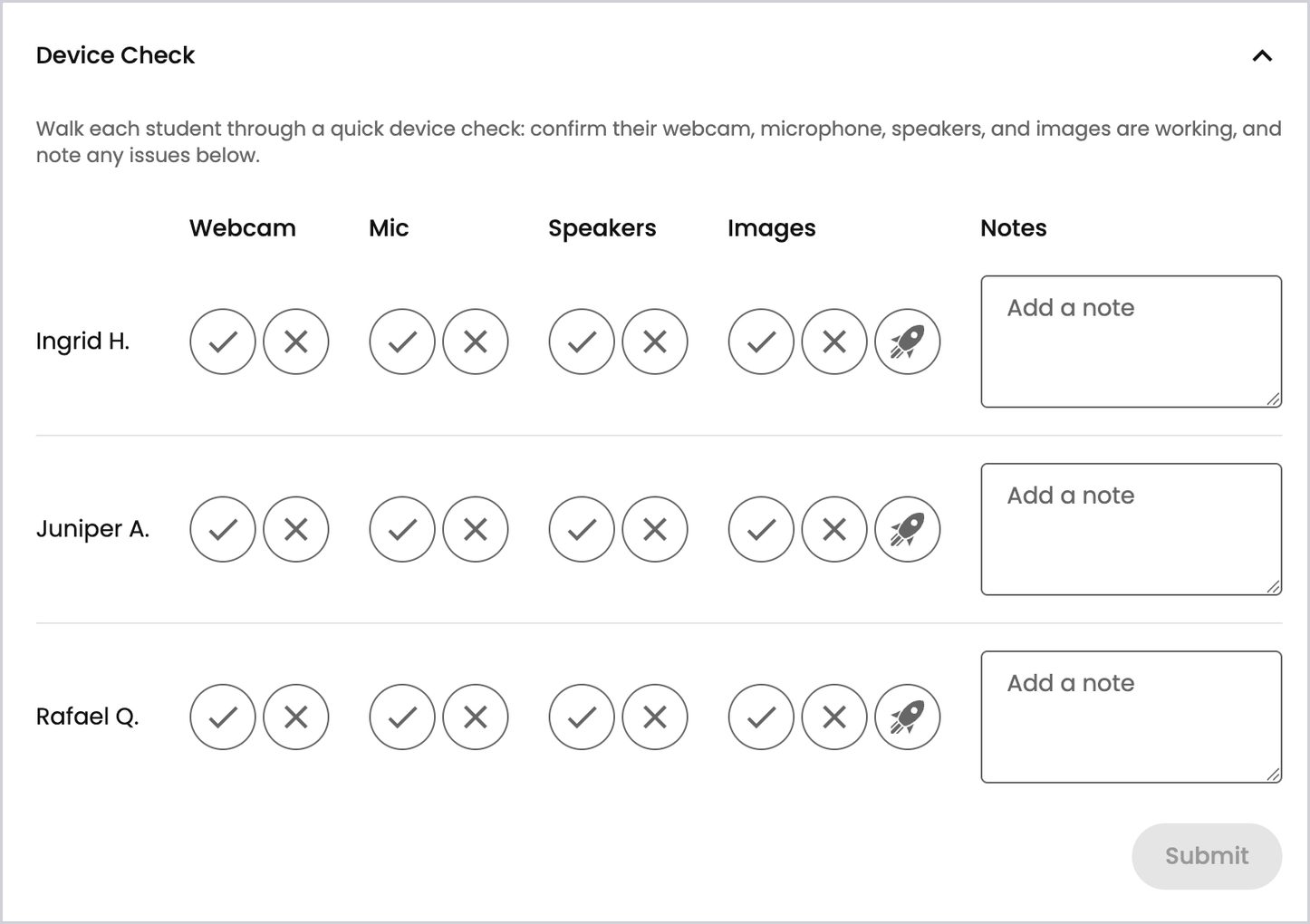 The Device Check section, with check mark and X buttons for Webcam, Mic, Speakers, and Images, a rocket button for the image check, and a Notes box for each student