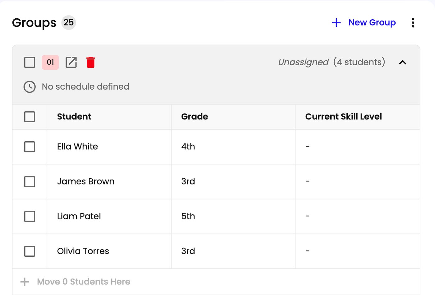 The Group Rostering tab with the trash icon at the top of a group card