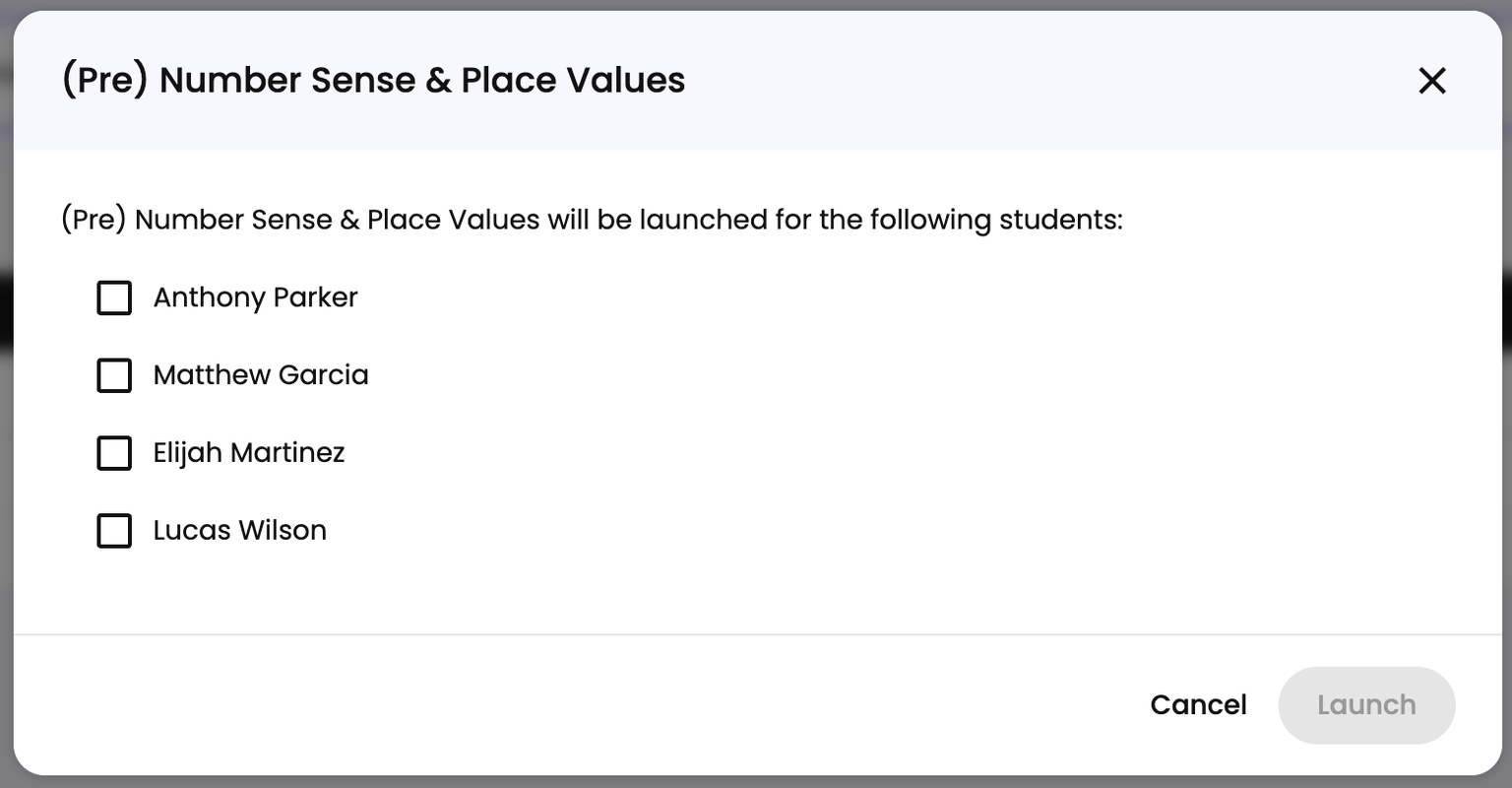 The launch confirmation listing each student with a checkbox