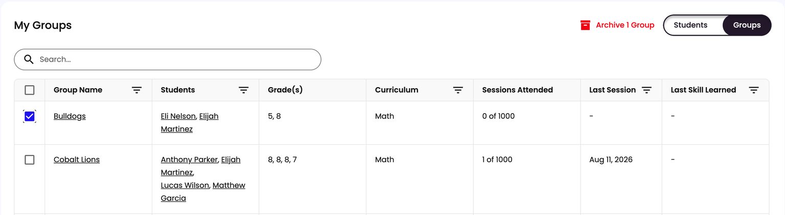 The My Groups list with one group checked and the Archive 1 Group button at the top right