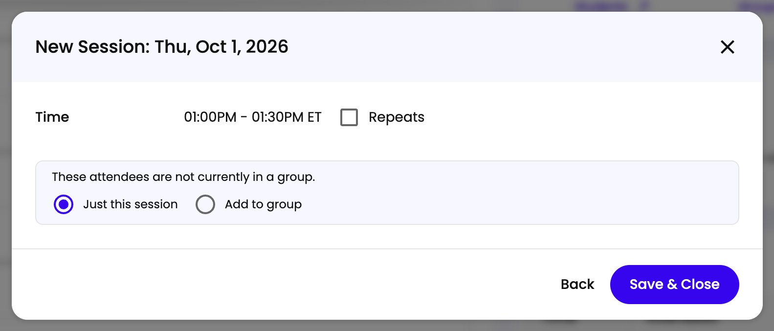 Step two of the New Session form with Repeats unchecked and Just this session selected