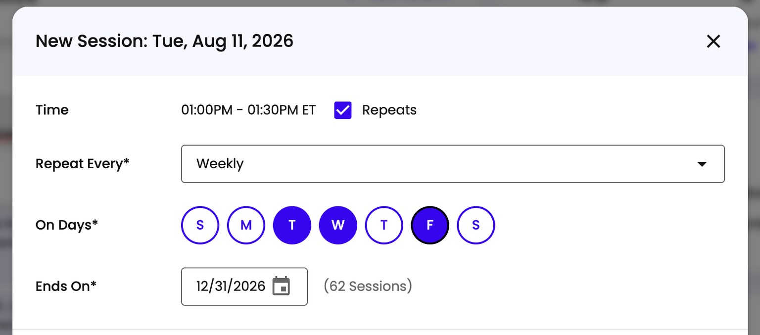 Step two of the New Session form, showing Repeats checked with Repeat Every, On Days, and Ends On