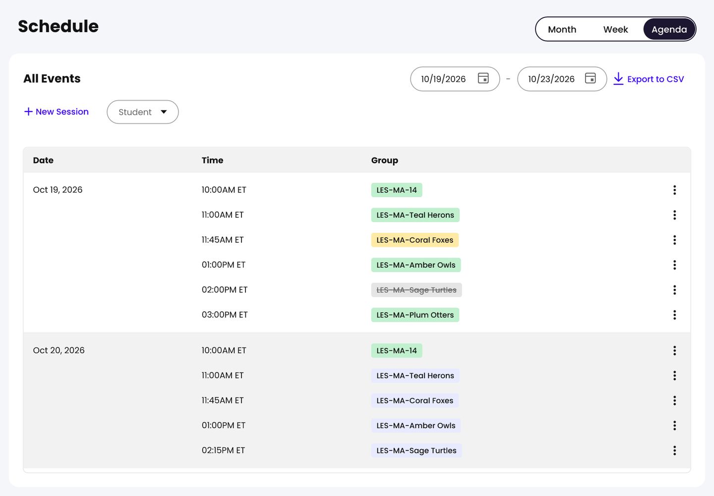 The Schedule page in Agenda view, listing sessions by date with the time and group for each