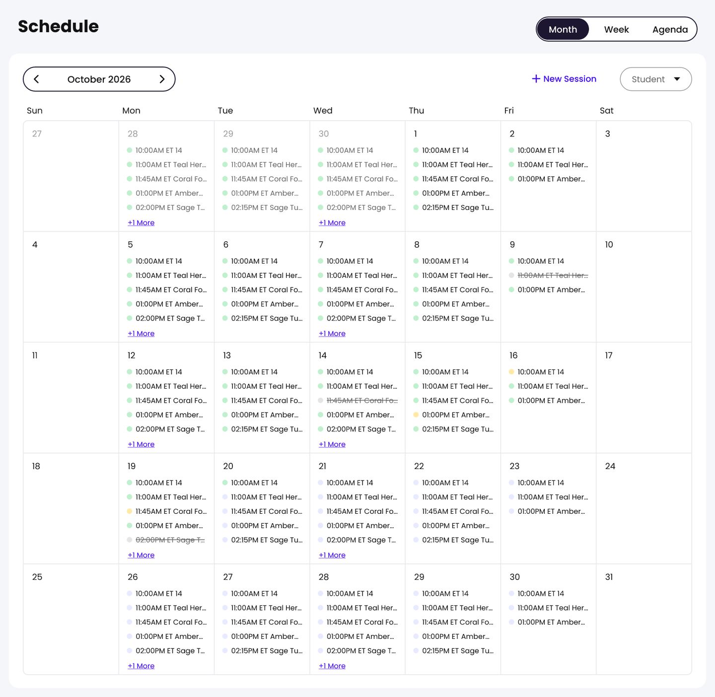The Schedule page in Month view, showing a month of sessions with a status dot, start time, and group name for each