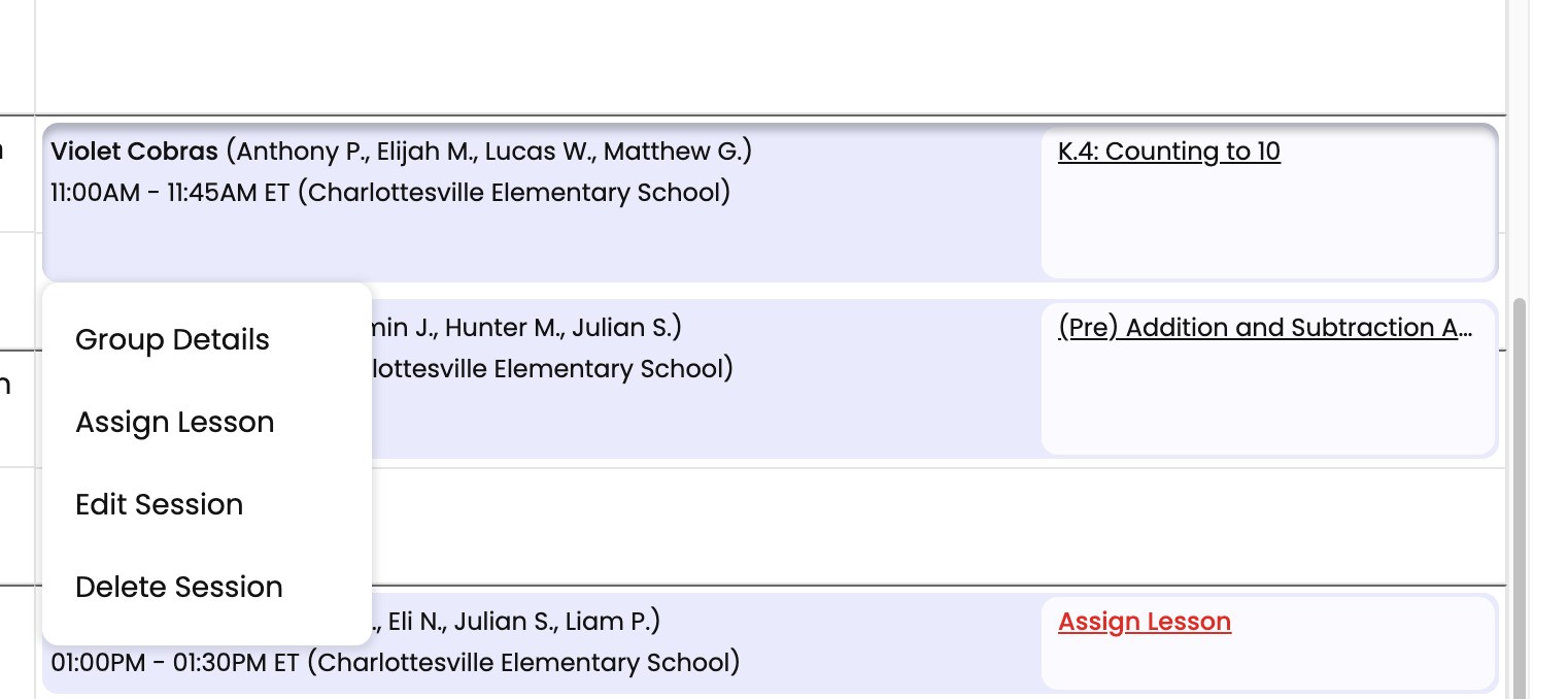 The menu that opens from a session on the schedule, with Assign Lesson among the options