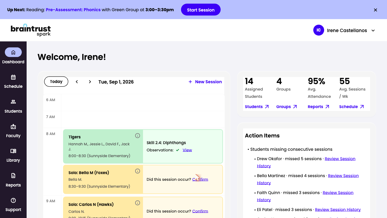 Dashboard with auto-assigned lesson preview