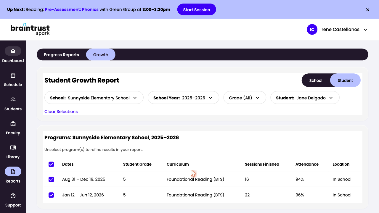 Student Growth Report preview